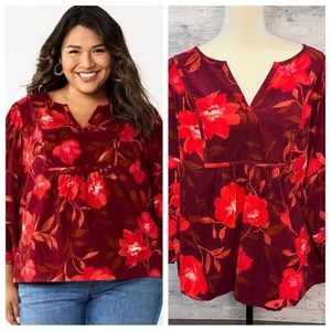 Sonoma Plus Size Floral Notchneck Red Corduroy Peasant Top Size 2X